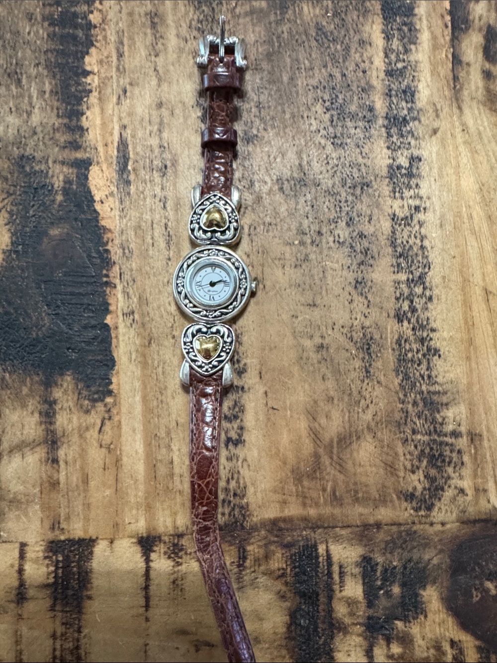 Brighton Brown Leather Watch Bracelet with Silver and Gold Heart Accents